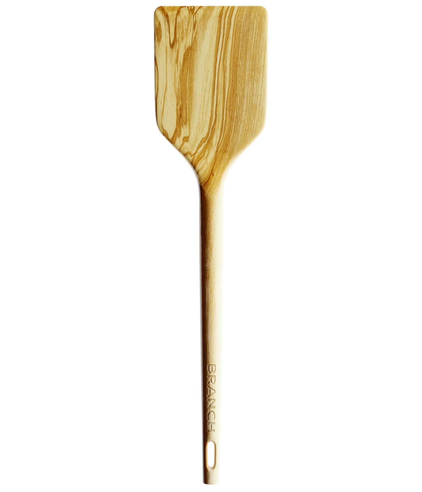 Wooden spatula with a branch name on a white background