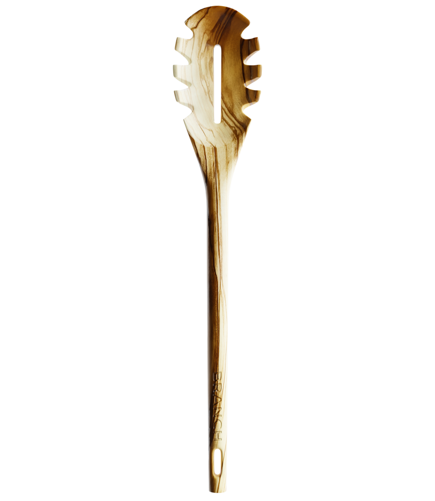 Wooden salad server with branch branding on a white background