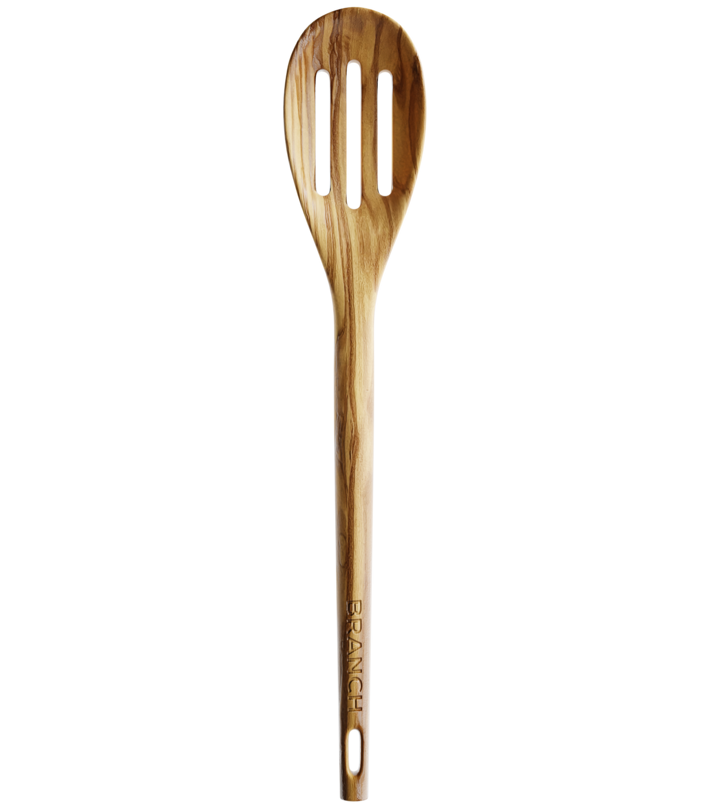 Wooden spatula with branch name on a white background